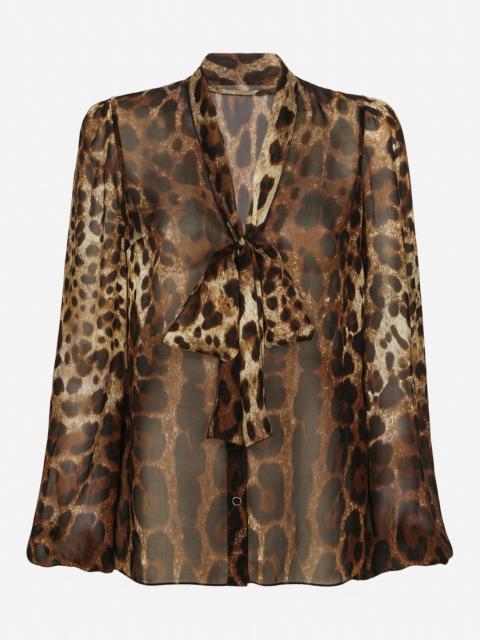 Leopard-print chiffon pussy-bow shirt