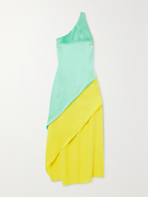 Razor One-shoulder Two-tone Satin Midi Dress