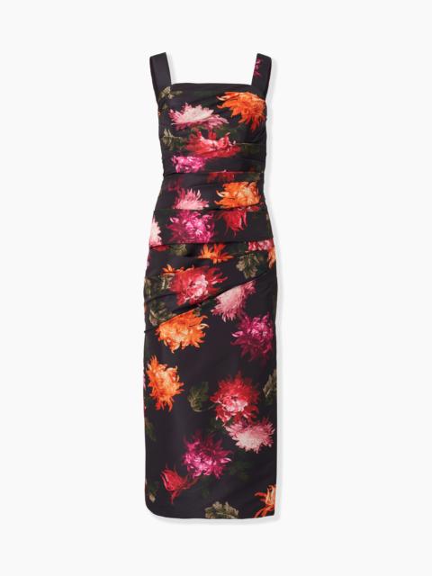 Chrysanthemum-Print Draped Midi Dress