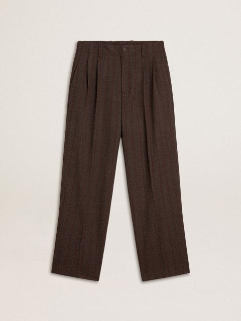 Men's joggers in dark brown wool with thin striped pattern