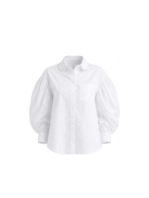 BOXY DRAPED SLEEVE ROUND COLLAR SHIRT WITH EMBROIDERY - WHITE/PEARL