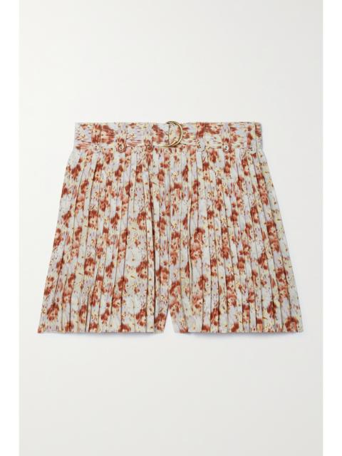 Margot Belted Pleated Floral-print Silk Crepe De Chine Shorts