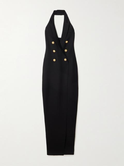 Button-embellished Knitted Halterneck Maxi Dress