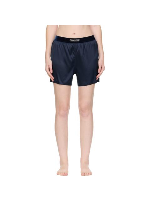 Navy Stretch Silk Satin Boxer Shorts