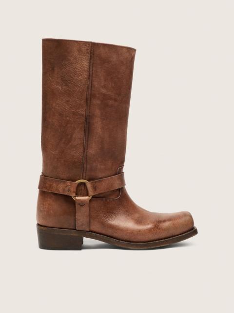 Women's high Biker boots in brown leather with strap and antique gold-colored buckle