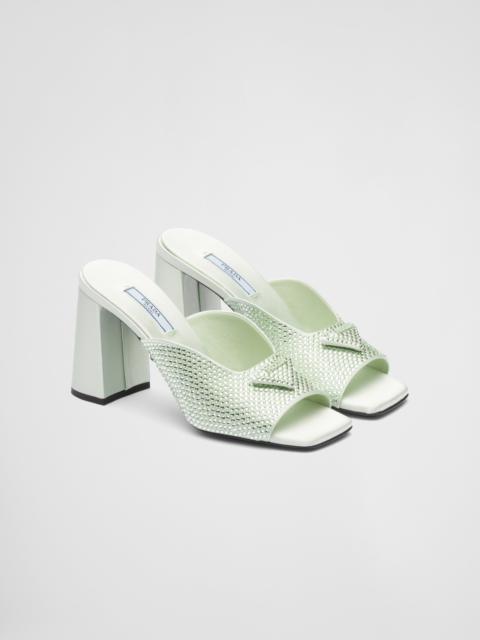 High-heeled satin slides with crystals