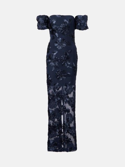 Floral-appliqué mesh gown