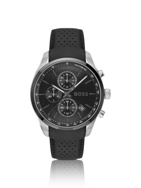 BLACK-PLATED CHRONOGRAPH WATCH WITH GRAY LEATHER STRAP