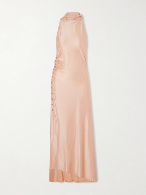 Embellished Gathered Satin Midi Dress