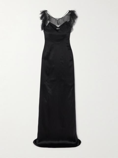 Prima Ruffled Mesh-trimmed Silk-satin Maxi Dress