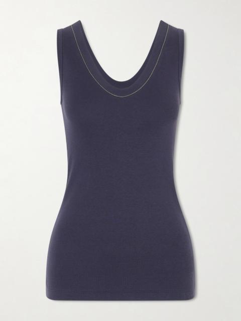 Bead-embellished Ribbed Cotton-blend Jersey Tank