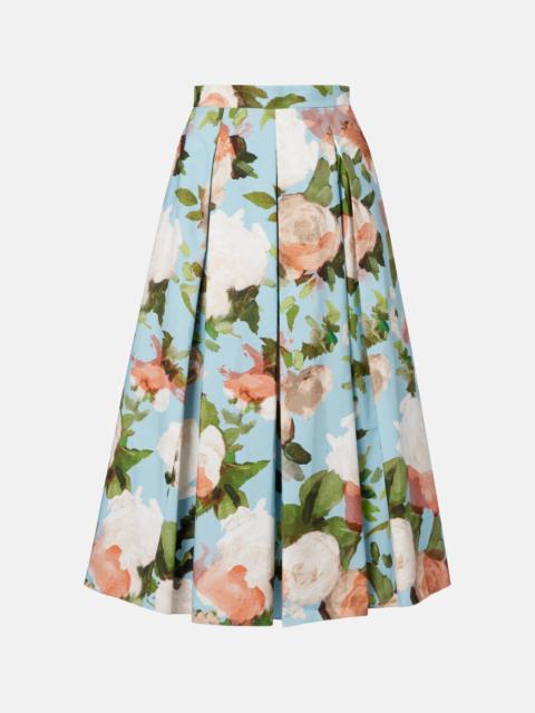 Floral pleated cotton midi skirt