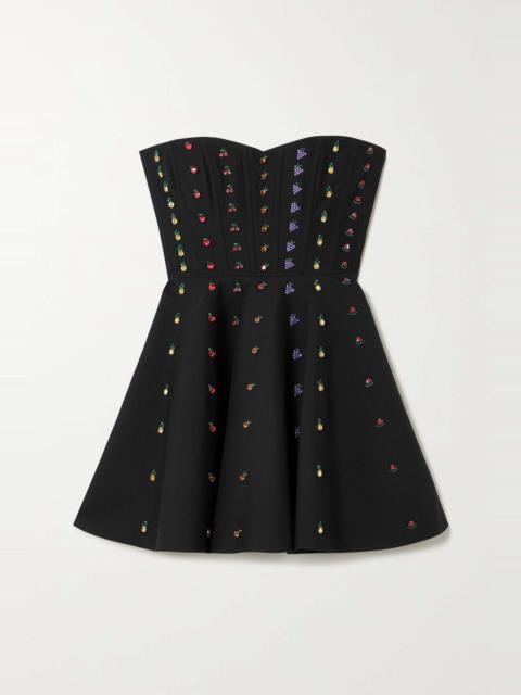Strapless crystal-embellished wool and silk-blend mini dress