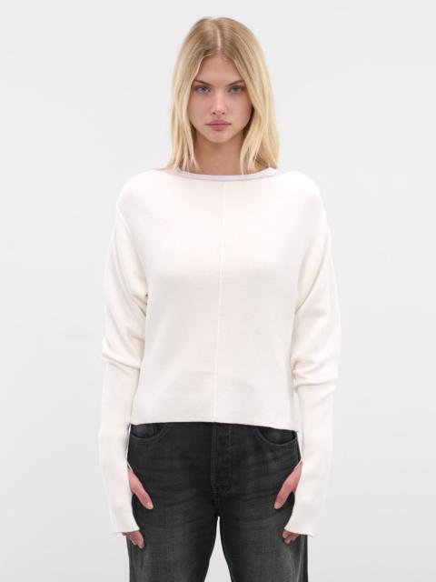 White Off-Shoulder Cotton Knit Sweater