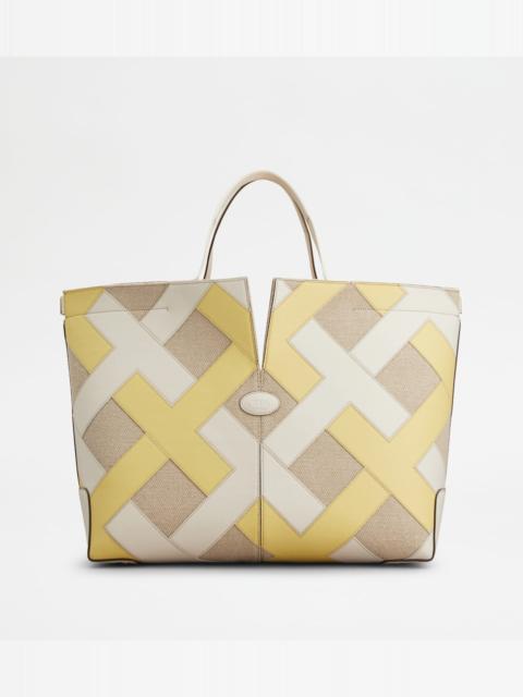 TOD'S DI BAG FOLIO IN LEATHER AND CANVAS MEDIUM - WHITE, GREY, YELLOW