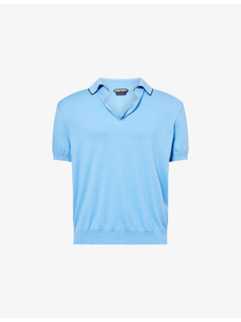 Revere-Collar Short-Sleeve Cotton and Silk-Blend Polo Top