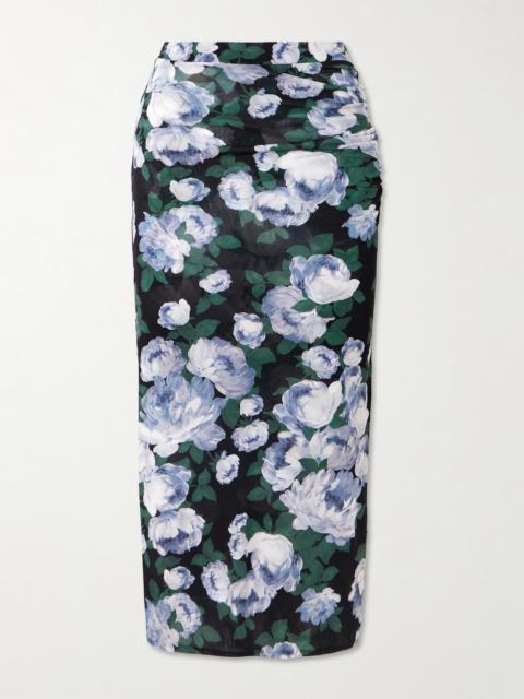 Ruched Floral-print Stretch-mesh Midi Skirt
