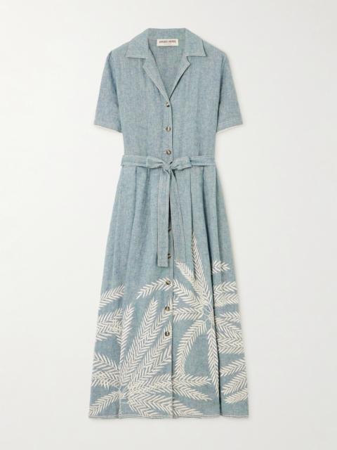 Claudia Palm Belted Embroidered Ramie And Linen-blend Midi Dress