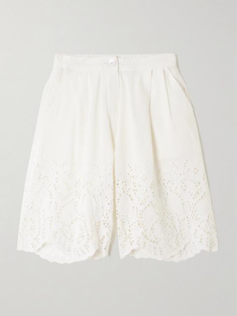 Scalloped Pleated Broderie Anglaise Linen And Cotton-blend Shorts