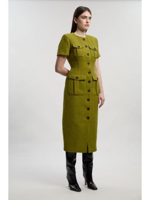 Textured Tweed Tailored Pocket Front Short Sleeve Midi Dress