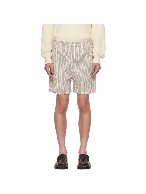 Beige & White Crushed Tech Cotton Stripe Shorts