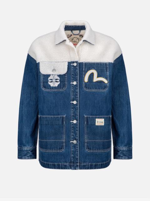 KAMON PRINT SHERPA MIXED DENIM SHIRT JACKET