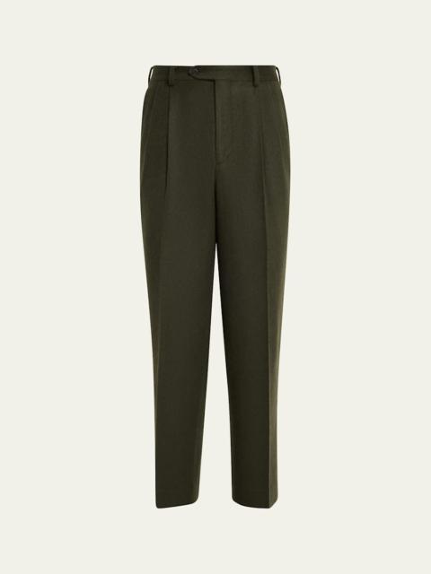 Men's Dark Olive Pleated Wool Trousers