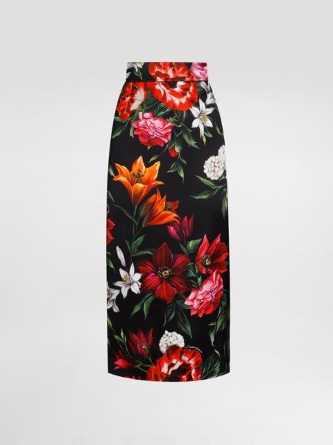 Flower-print satin skirt