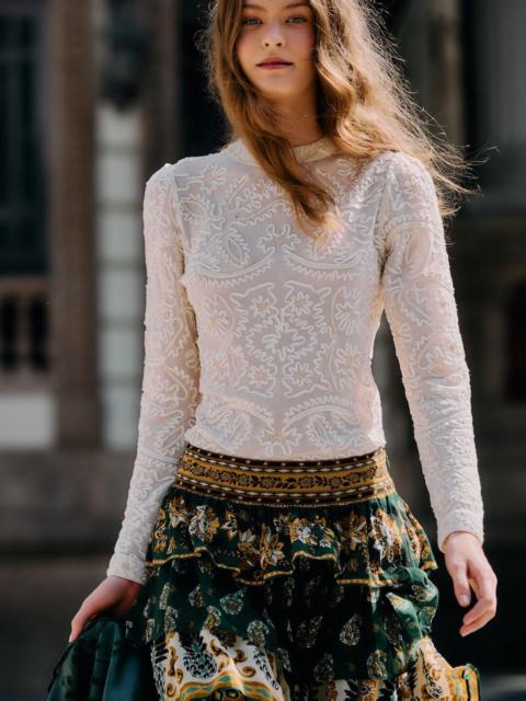 Off-White Embroidered Crew Neck Long Sleeve Blouse