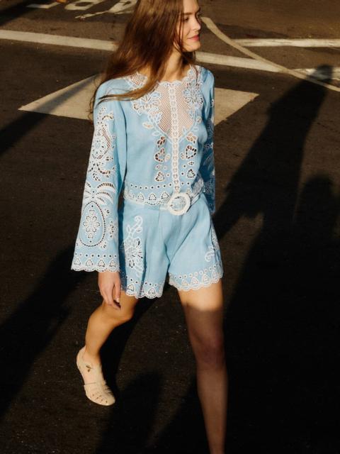 Light Blue Romantic Richelieu Euroflax Premium Linen Blouse