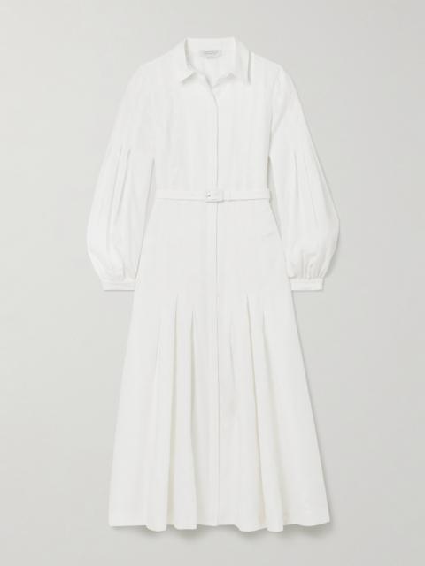 Aleka Belted Pleated Linen Midi Shirt Dress