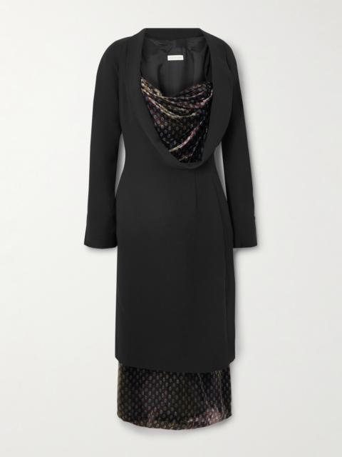 Layered Draped Crepe And Printed Satin Midi Dress