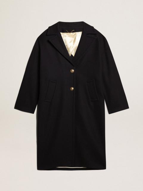 Women's single-breasted cocoon coat in dark blue wool with gold button
