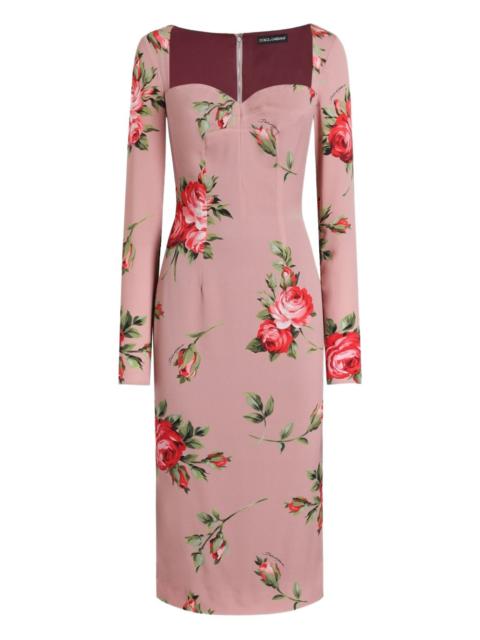 long-sleeved floral-print midi dress