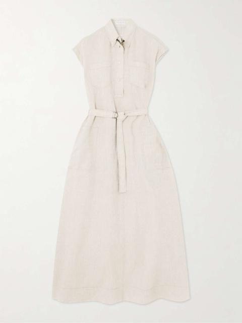Belted bead-embellished linen midi dress Beige