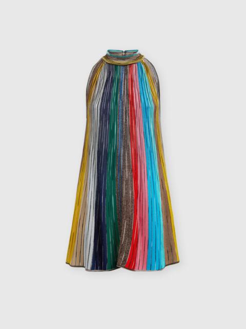 Sleeveless mini-dress in lamé pleated knit