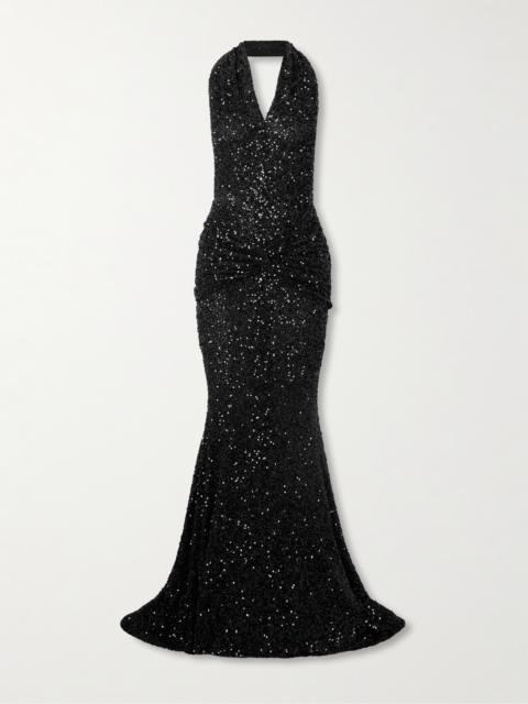 Draped Sequined Mesh Halterneck Gown