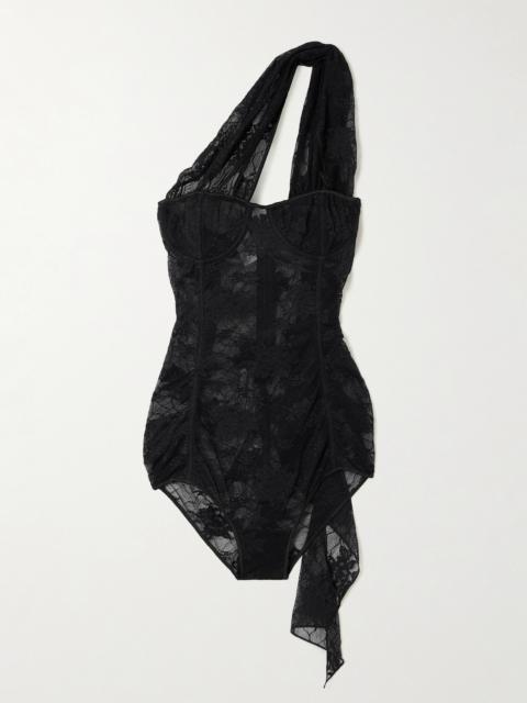 One-shoulder Draped Stretch-lace Bodysuit