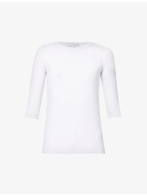 Three quarter-length sleeve ribbed stretch-woven top