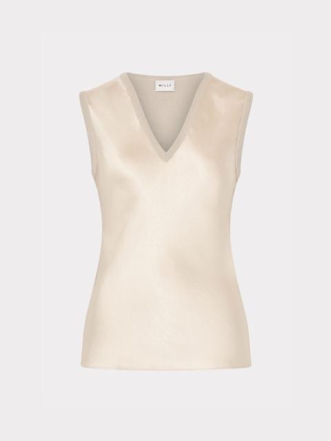 Satin Knit Combination V-Neck Top