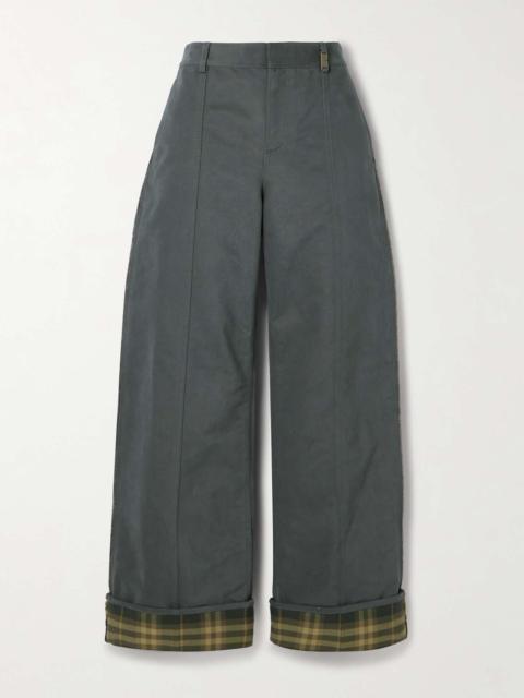 Checked twill-trimmed brushed cotton-blend wide-leg pants