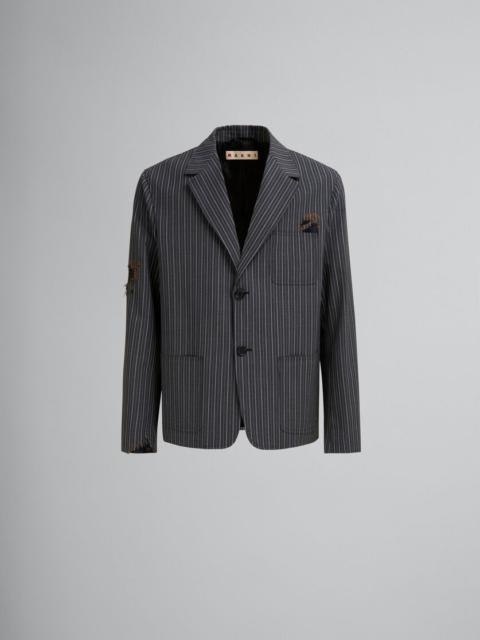 BLACK PINSTRIPE WOOL BLAZER WITH MARNI MENDING PATCHES