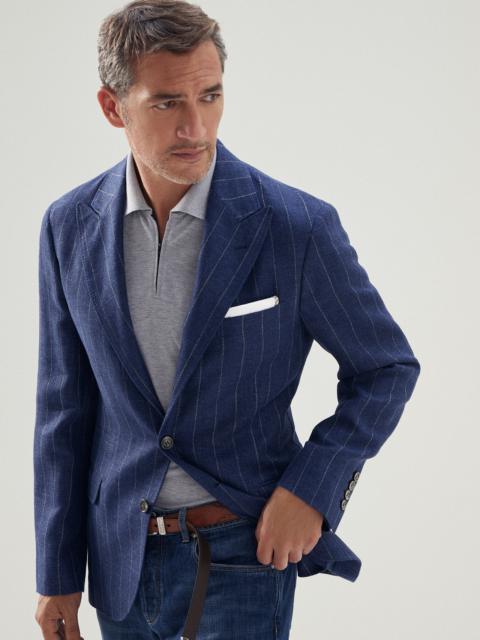 Linen, wool and silk chalk stripe deconstructed blazer with large peak lapels