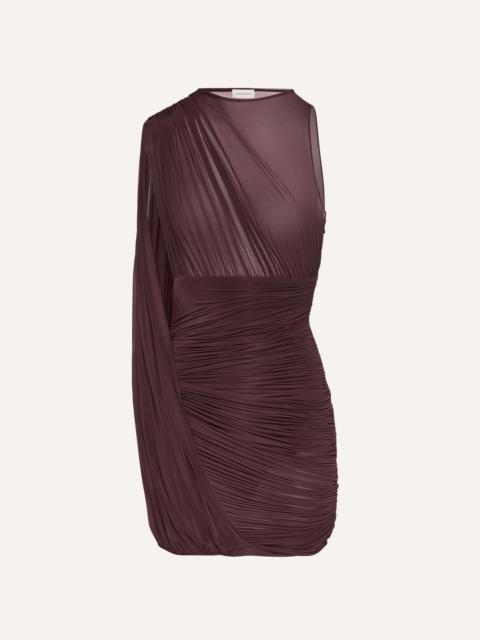 Sheer draped mini dress in bordeaux