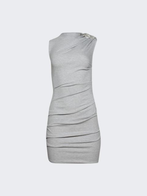 Crystal Brooch Detail Ruched Mini Dress Grey And Silver