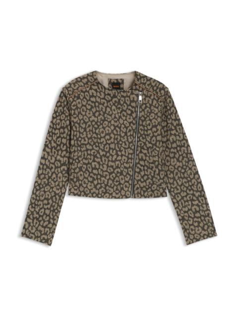 CROPPED BIKER JACKET IN LEOPARD JACQUARD