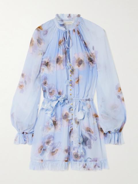 Belted Ruffled Floral-print Crepe Playsuit