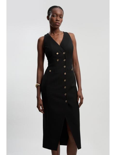 Textured Compact Stretch V Neck Button Detail Midi Dress