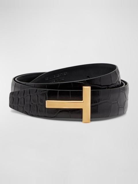 T Buckle Croc-Embossed Patent Belt