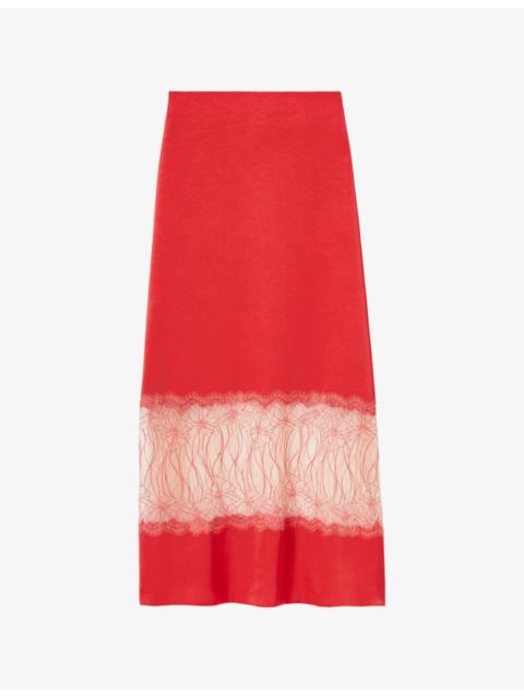 Lace-Embroidered Satin Midi Skirt